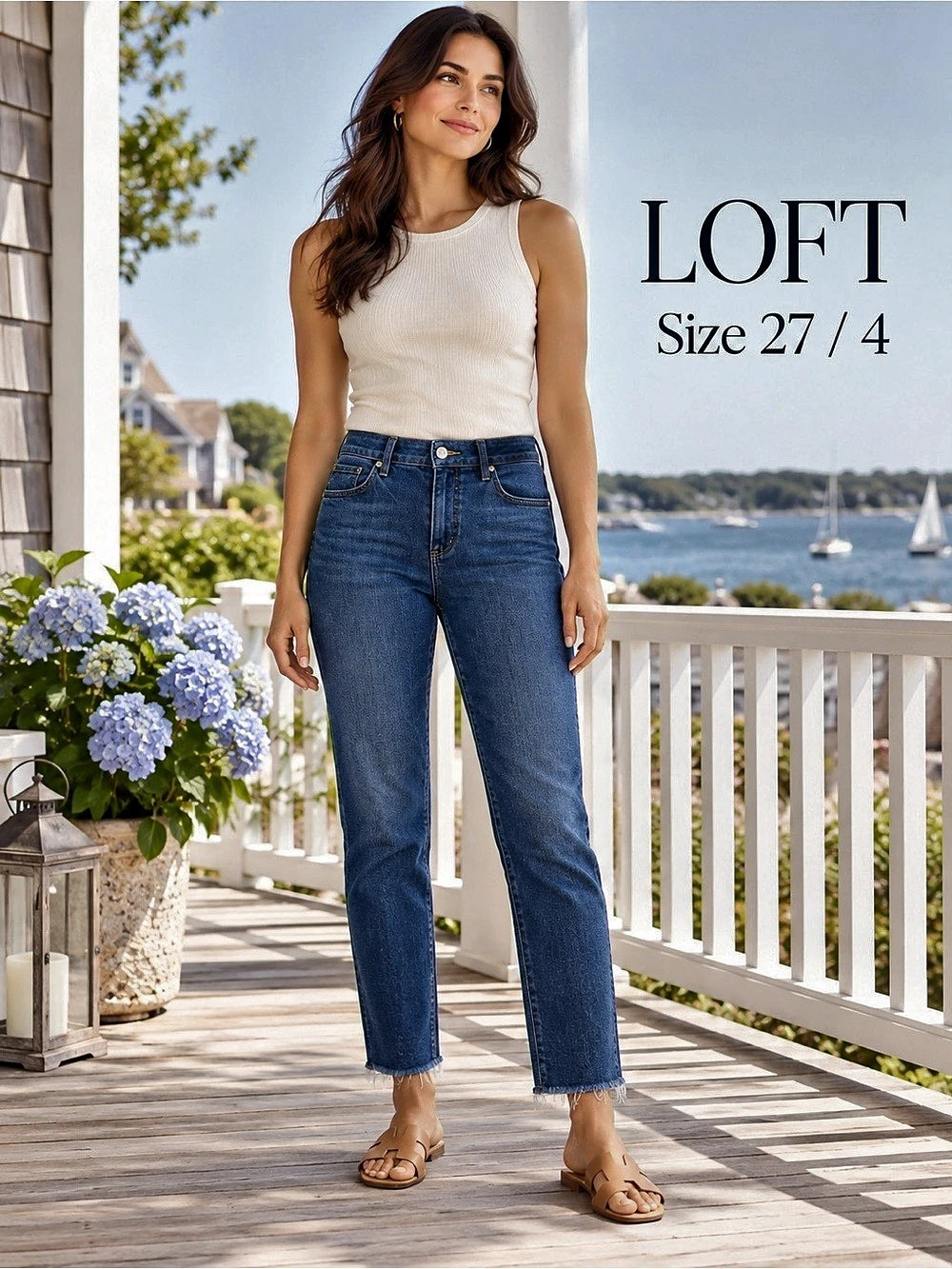 LOFT Super Soft Girlfriend Jeans Blue Wash Raw Hem Size 27 / 4